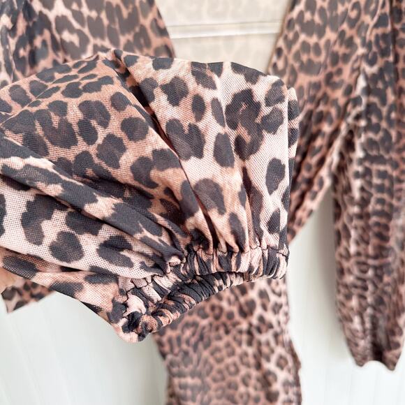 Ganni Tilden Leopard Sheer Ruched Mesh Bodycon Slip Wrap Mini Dress Ruffle Small - Picture 7 of 11